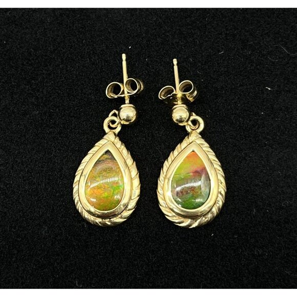 Ammolite Triplet Pear Shape Drop Earrings 14K Gold QVC‎ Dangles - Picture 1 of 7